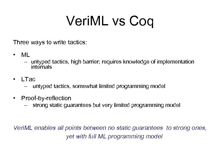 Veri. ML vs Coq Three ways to write tactics: • ML – untyped tactics,