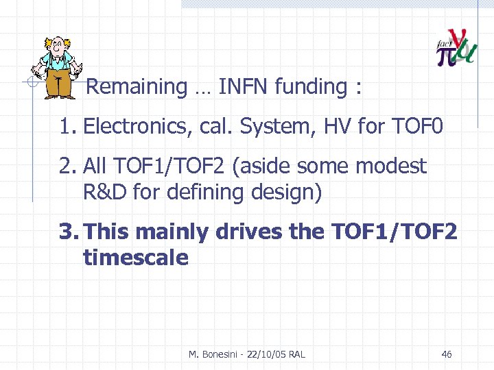 Remaining … INFN funding : 1. Electronics, cal. System, HV for TOF 0 2.