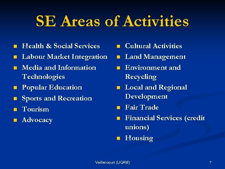 SE Areas of Activities n n n n Health & Social Services Labour Market