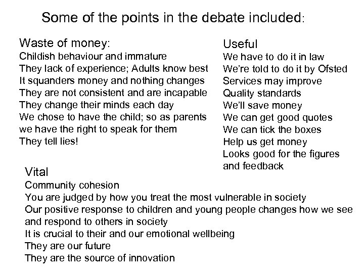 Some of the points in the debate included: Waste of money: Childish behaviour and