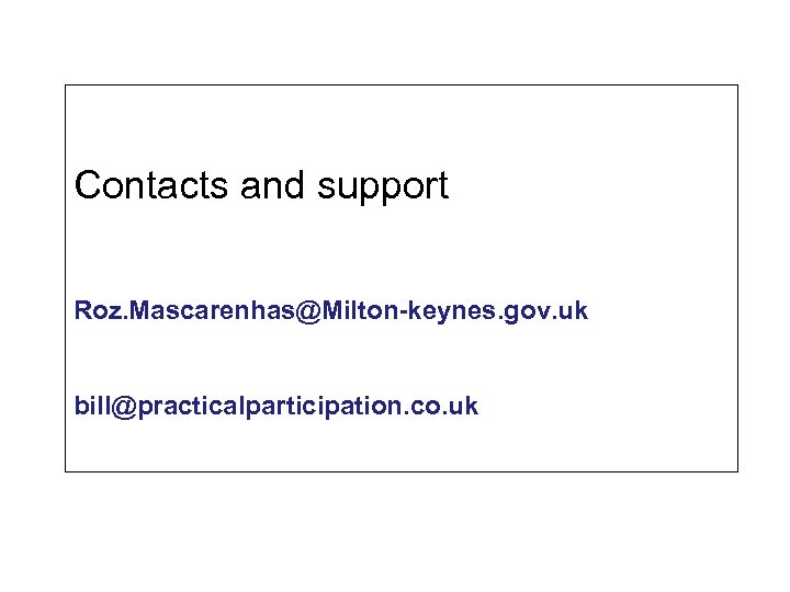 Contacts and support Roz. Mascarenhas@Milton-keynes. gov. uk bill@practicalparticipation. co. uk 