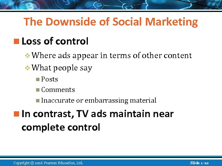 The Downside of Social Marketing n Loss of control v Where ads appear in