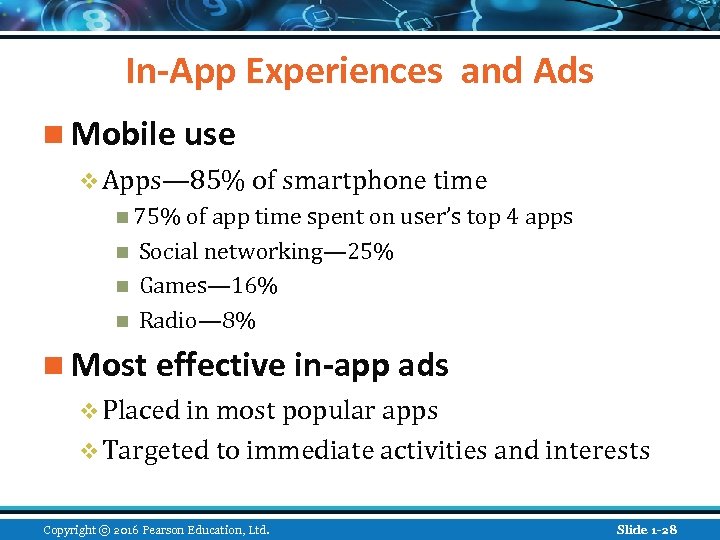 In-App Experiences and Ads n Mobile use v Apps— 85% of smartphone time n