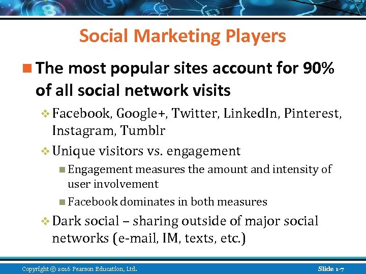 Social Marketing Players n The most popular sites account for 90% of all social