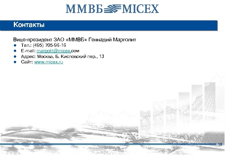 Контакты Вице-президент ЗАО «ММВБ» Геннадий Марголит ● ● Тел. : (495) 705 -96 -16