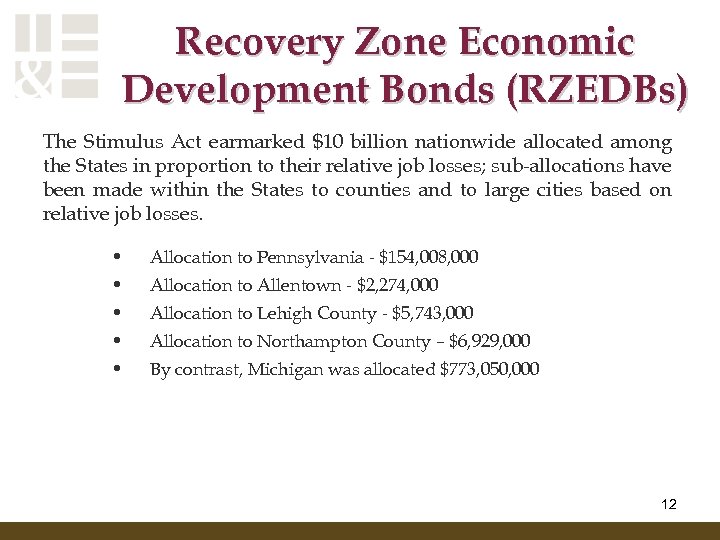 Recovery Zone Economic Development Bonds (RZEDBs) The Stimulus Act earmarked $10 billion nationwide allocated