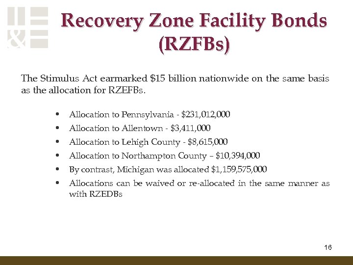 Recovery Zone Facility Bonds (RZFBs) The Stimulus Act earmarked $15 billion nationwide on the
