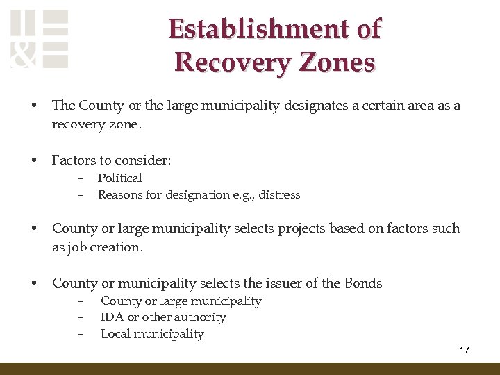 Establishment of Recovery Zones • The County or the large municipality designates a certain