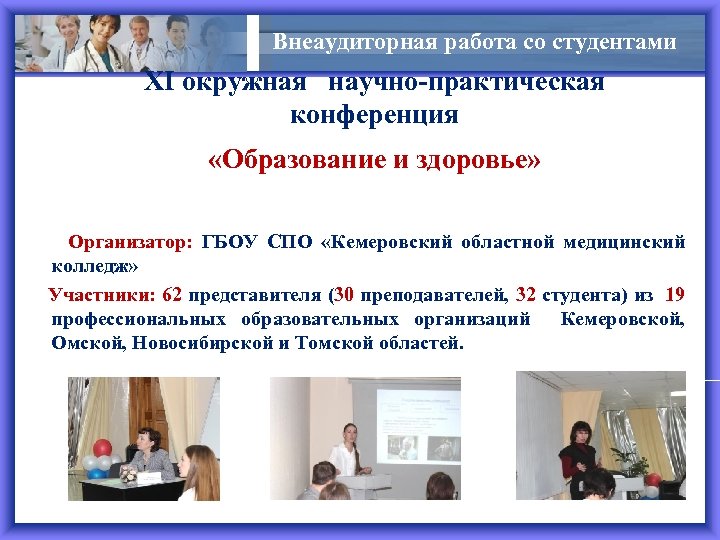 Внеаудиторная работа со студентами XI окружная научно-практическая конференция «Образование и здоровье» Организатор: ГБОУ СПО
