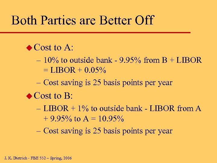 Both Parties are Better Off u Cost to A: – 10% to outside bank