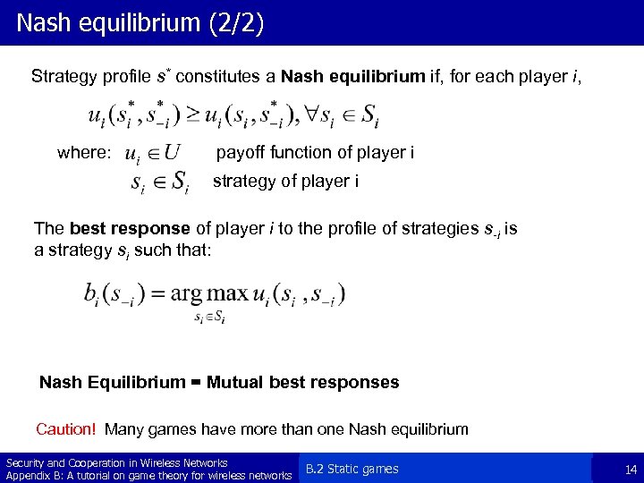 Nash equilibrium (2/2) Strategy profile s* constitutes a Nash equilibrium if, for each player