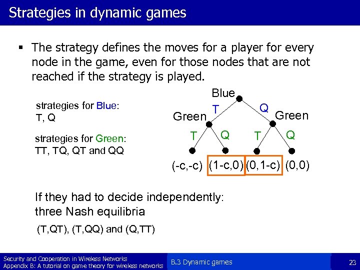 Strategies in dynamic games § The strategy defines the moves for a player for