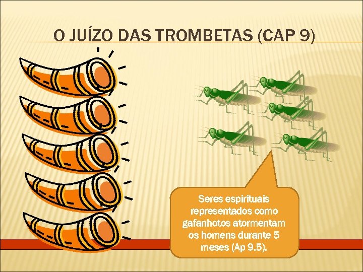 O JUÍZO DAS TROMBETAS (CAP 9) Seres espirituais representados como gafanhotos atormentam os homens