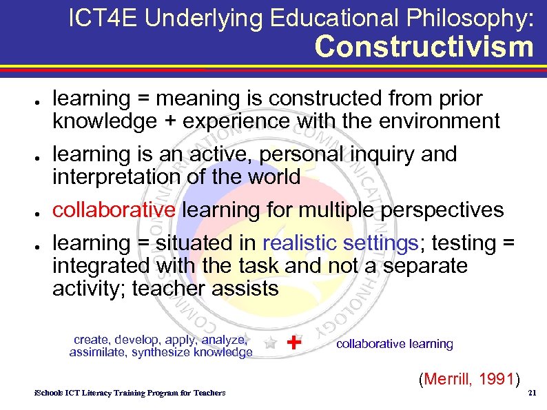 ICT 4 E Underlying Educational Philosophy: Constructivism ● ● learning = meaning is constructed