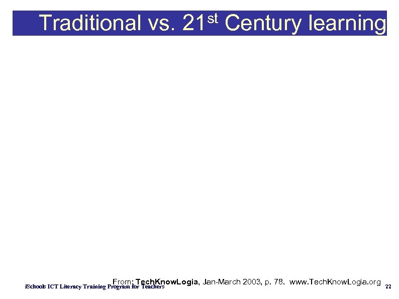 Traditional vs. st 21 Century learning From: Tech. Know. Logia, Jan-March 2003, p. 78.