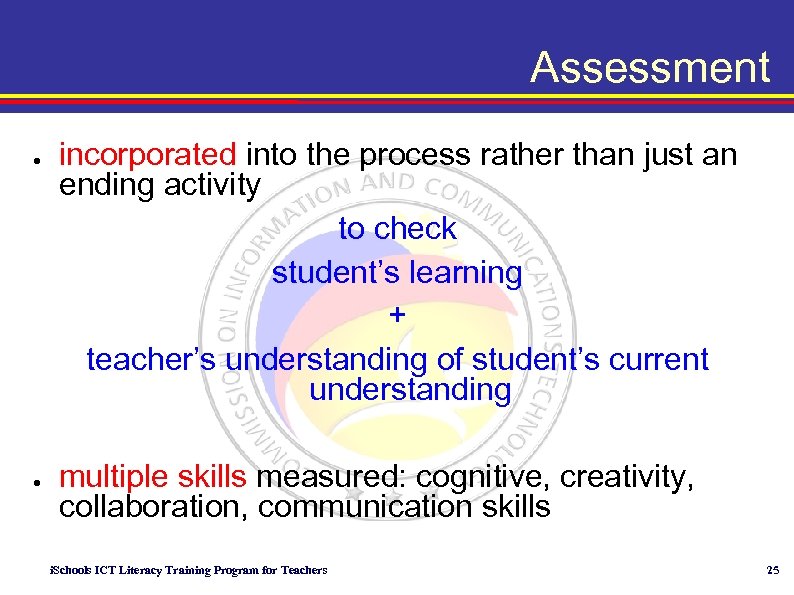 Assessment ● ● incorporated into the process rather than just an ending activity to