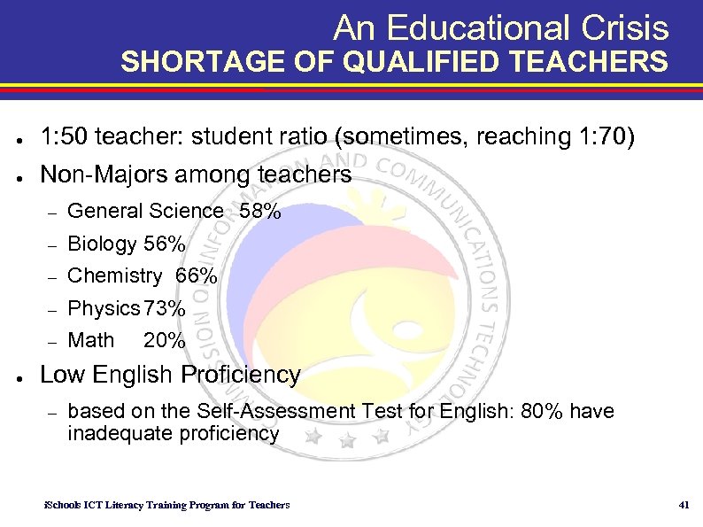 An Educational Crisis SHORTAGE OF QUALIFIED TEACHERS ● 1: 50 teacher: student ratio (sometimes,