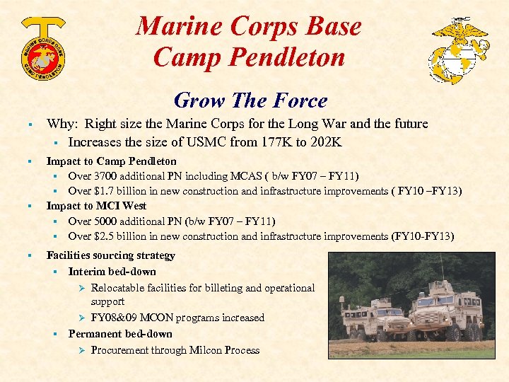 Marine Corps Base Camp Pendleton Grow The Force § Why: Right size the Marine