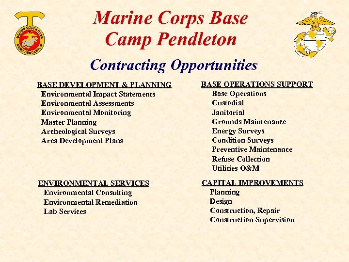 Marine Corps Base Camp Pendleton Contracting Opportunities BASE DEVELOPMENT & PLANNING Environmental Impact Statements