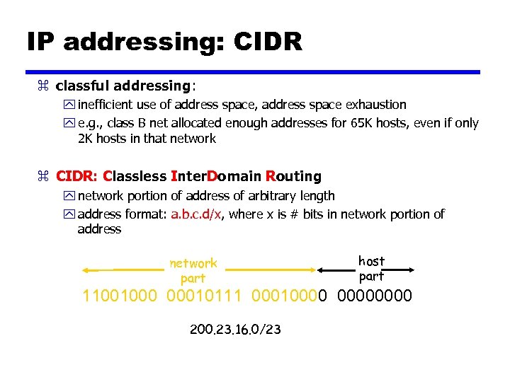 IP addressing: CIDR z classful addressing: y inefficient use of address space, address space