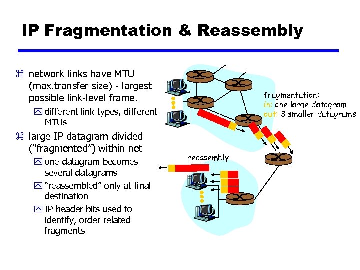 IP Fragmentation & Reassembly z network links have MTU (max. transfer size) - largest