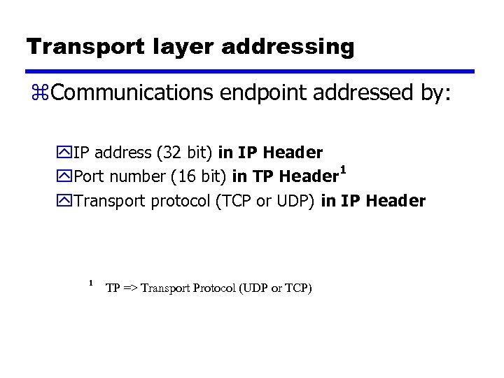 Transport layer addressing z. Communications endpoint addressed by: y. IP address (32 bit) in