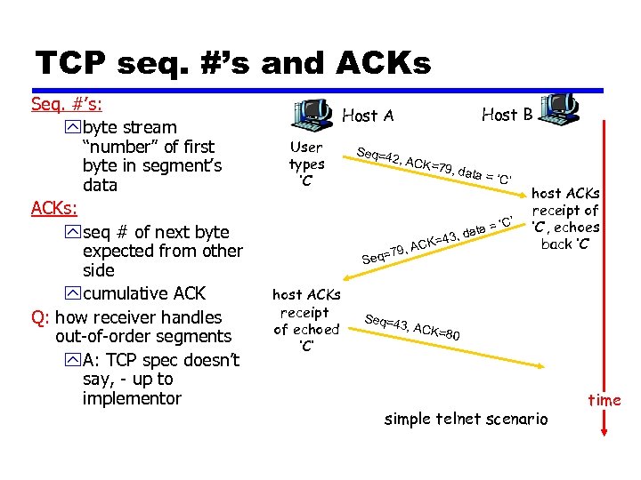 TCP seq. #’s and ACKs Seq. #’s: y byte stream “number” of first byte