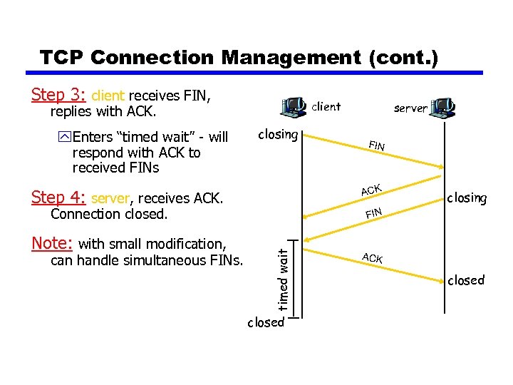 TCP Connection Management (cont. ) Step 3: client receives FIN, client replies with ACK.