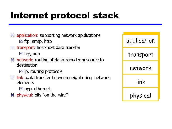 Internet protocol stack z application: supporting network applications y ftp, smtp, http z transport: