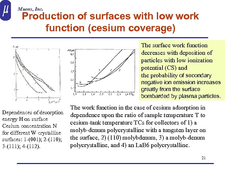Muons, Inc. Production of surfaces with low work function (cesium coverage) The surface work