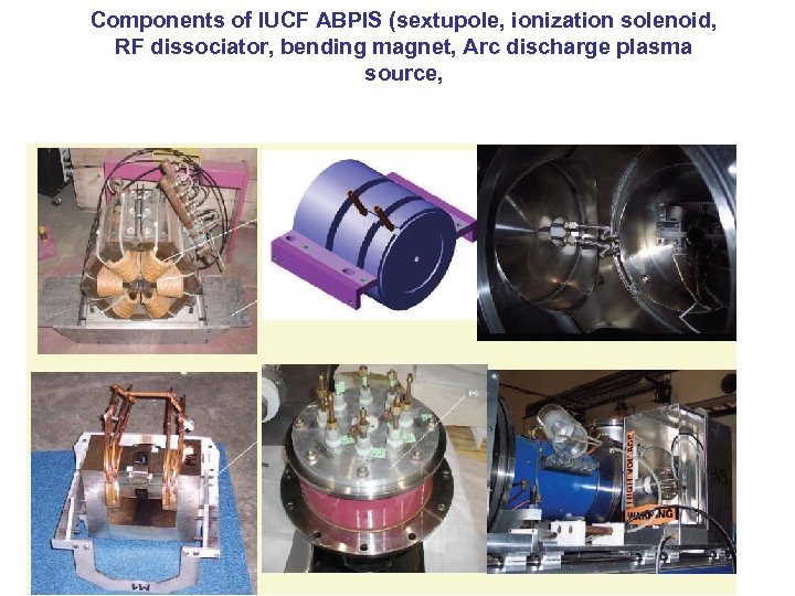 Components of IUCF ABPIS (sextupole, ionization solenoid, RF dissociator, bending magnet, Arc discharge plasma
