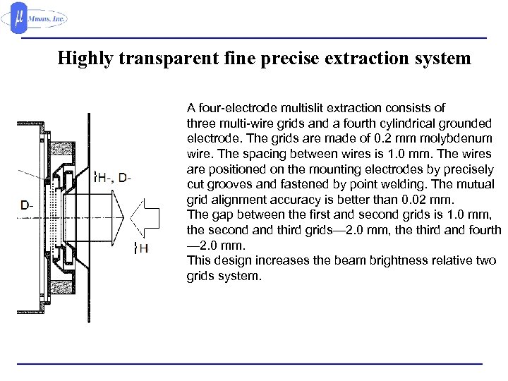Highly transparent fine precise extraction system A four-electrode multislit extraction consists of three multi-wire