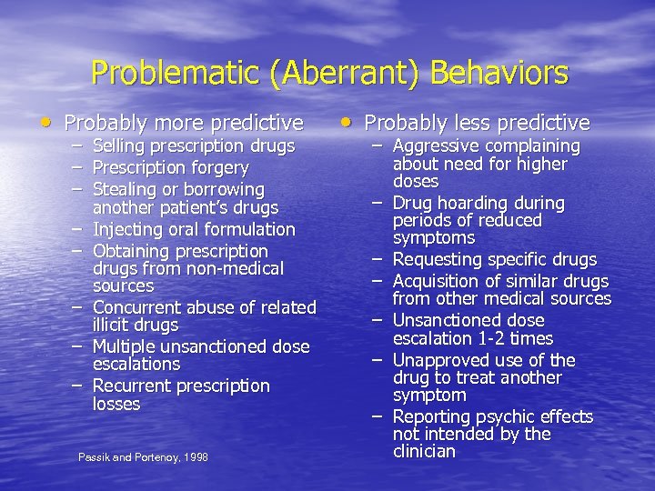 Problematic (Aberrant) Behaviors • Probably more predictive – – – – Selling prescription drugs