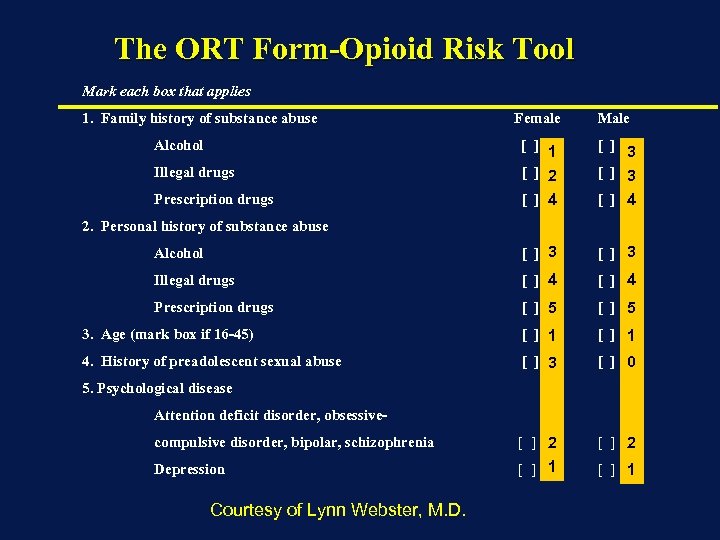 The ORT Form-Opioid Risk Tool Mark each box that applies 1. Family history of