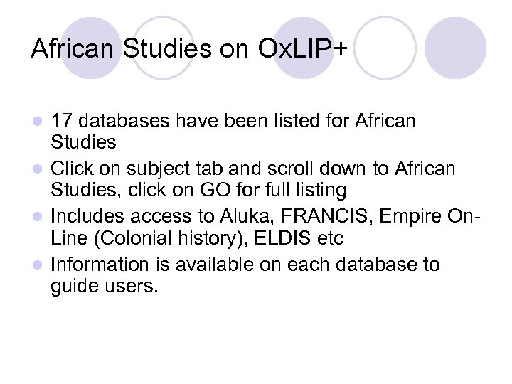 African Studies on Ox. LIP+ 17 databases have been listed for African Studies l