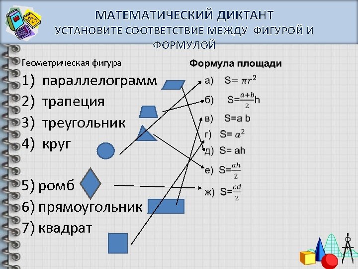 Установите соответствие рисунок. Установи соответствие между геометрическими фигурами. Установите соответствие между формулами и фигурами. Установите соответствие между геометрическими фигурами. Математический диктант геометрические фигуры.