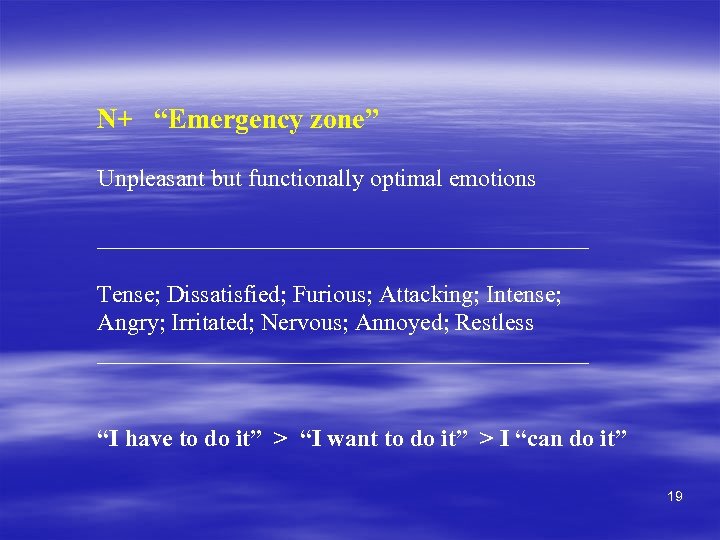 N+ “Emergency zone” Unpleasant but functionally optimal emotions _____________________ Tense; Dissatisfied; Furious; Attacking; Intense;