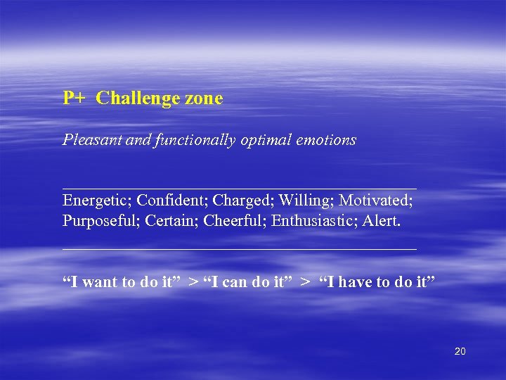 P+ Challenge zone Pleasant and functionally optimal emotions _____________________ Energetic; Confident; Charged; Willing; Motivated;