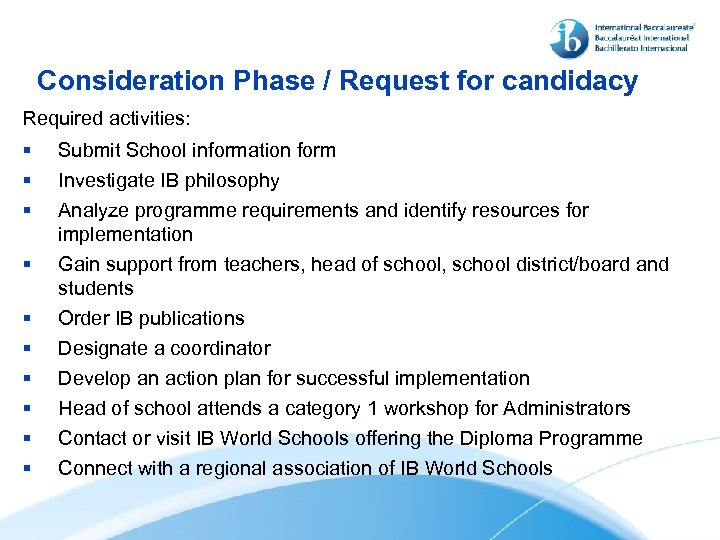 Consideration Phase / Request for candidacy Required activities: § § § § § Submit