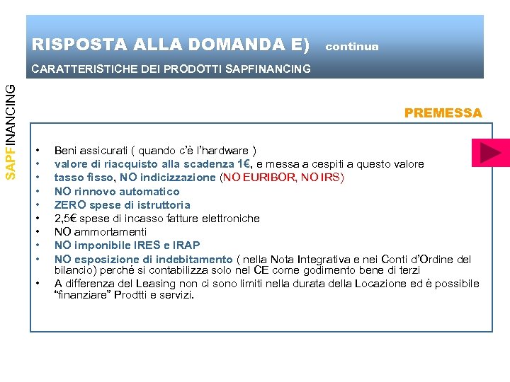 RISPOSTA ALLA DOMANDA E) continua SAPFINANCING CARATTERISTICHE DEI PRODOTTI SAPFINANCING PREMESSA • • •
