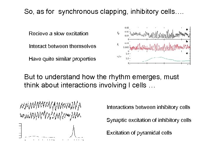 So, as for synchronous clapping, inhibitory cells…. Recieve a slow excitation Interact between themselves