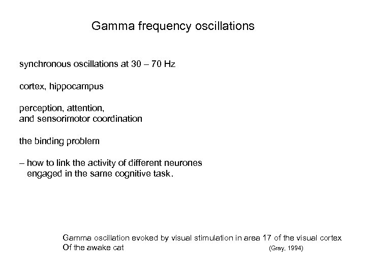 Gamma frequency oscillations synchronous oscillations at 30 – 70 Hz cortex, hippocampus perception, attention,