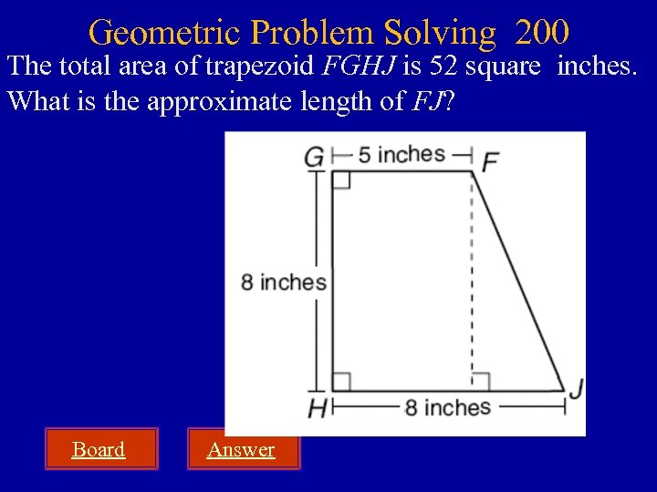 Geometric Problem Solving 200 The total area of trapezoid FGHJ is 52 square inches.