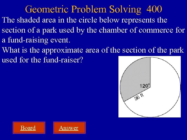 Geometric Problem Solving 400 The shaded area in the circle below represents the section