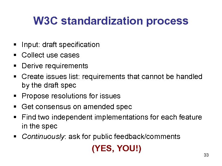 W 3 C standardization process § § § § Input: draft specification Collect use