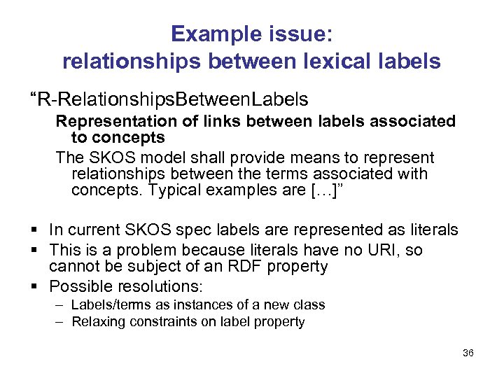 Example issue: relationships between lexical labels “R-Relationships. Between. Labels Representation of links between labels
