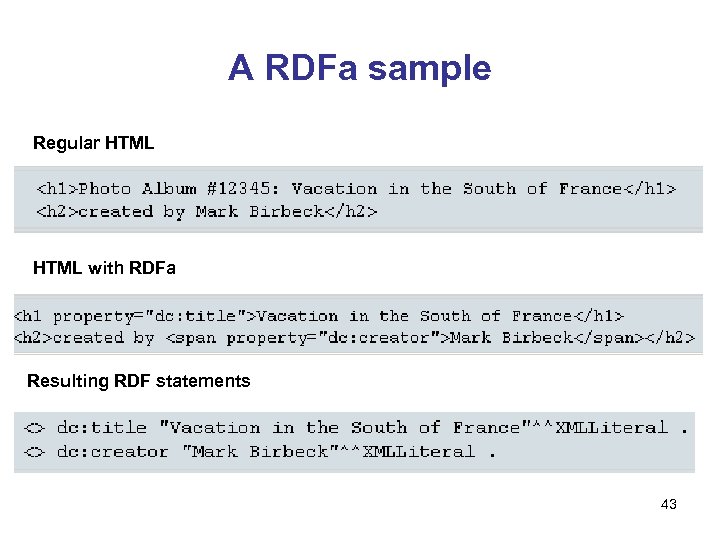 A RDFa sample Regular HTML with RDFa Resulting RDF statements 43 