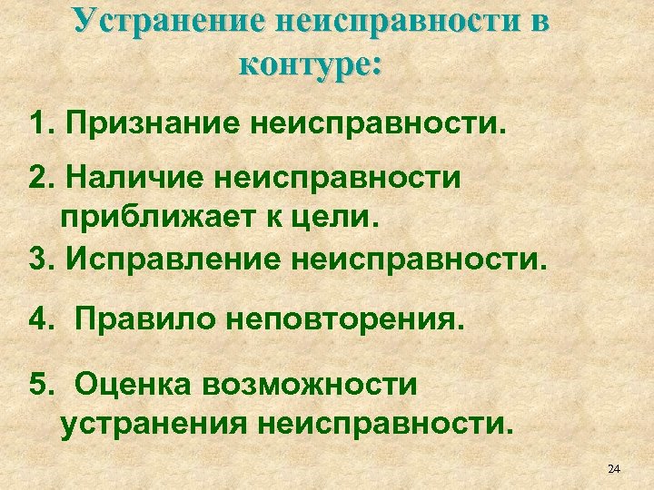 Устранение неисправности в контуре: 1. Признание неисправности. 2. Наличие неисправности приближает к цели. 3.