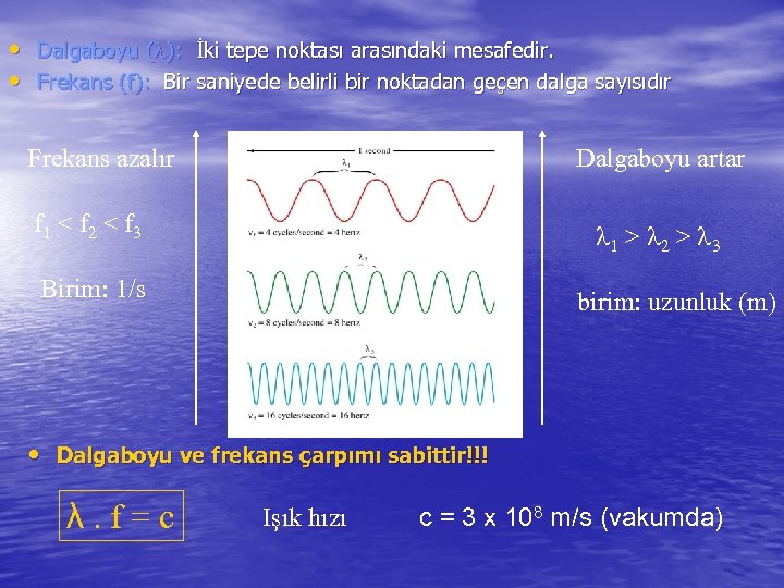  • Dalgaboyu (l): İki tepe noktası arasındaki mesafedir. • Frekans (f): Bir saniyede