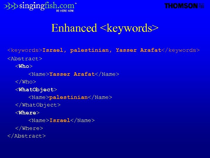 Enhanced <keywords>Israel, palestinian, Yasser Arafat</keywords> <Abstract> <Who> <Name>Yasser Arafat</Name> </Who> <What. Object> <Name>palestinian</Name> </What.